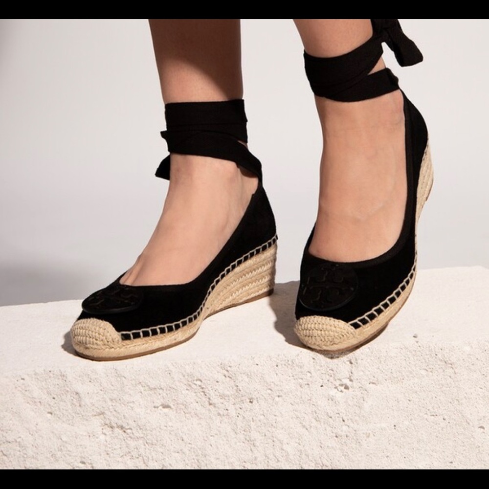 Tory Burch Black Espadrille Wedge Ankle-Tie Shoes with Jute Sole